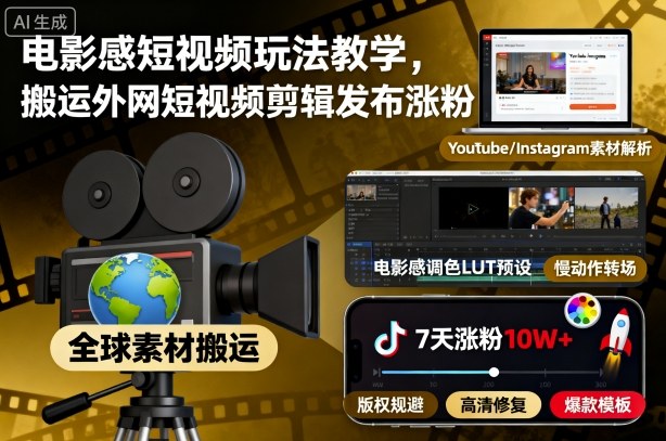 电影感短视频玩法教学，搬运外网短视频剪辑发布涨粉-木白网创