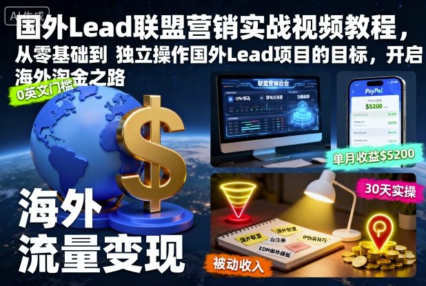 国外Lead联盟营销实战视频教程,从零基础到独立操作国外Lead项目的目标,开启海外淘金之路-木白网创