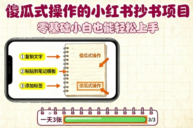 傻瓜式操作的小红书抄书项目，会复制粘贴就行，零基础小白也能一天3张-木白网创