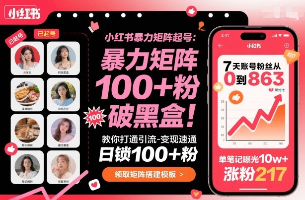 小红书暴力矩阵起号，教你打通引流-变现速通，日锁100+粉，破流量黑盒-木白网创