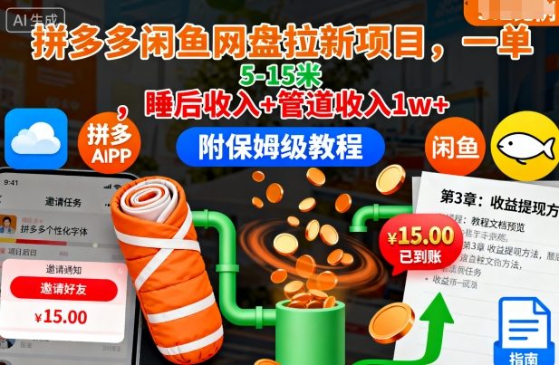 拼多多闲鱼网盘拉新项目，一单5-15米，睡后收入+管道收入1w+(附保姆级教程)-木白网创