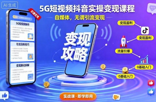 5G短视频抖音实操变现课程，自媒体，无谓引流变现-木白网创