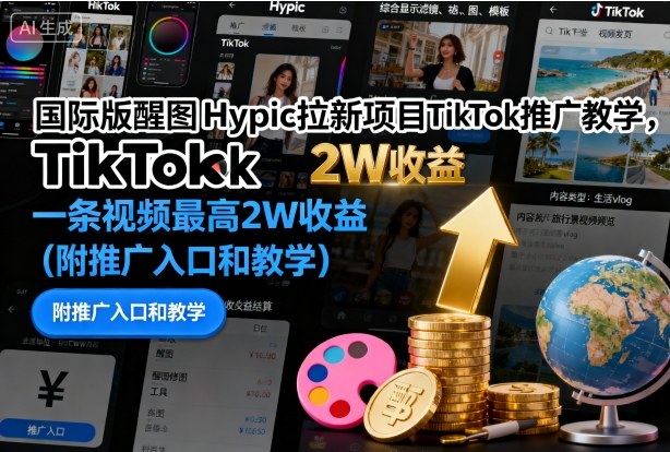 国际版醒图Hypic拉新项目TikTok推广教学，一条视频最高2W收益(附推广入口和教学)-木白网创
