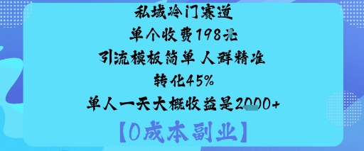 私域冷门赛道:单个收费198米引流模板简单人群精准转化45%单人一天大概收益是1k+-木白网创