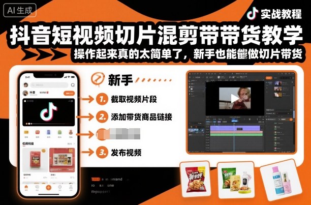 抖音短视频切片混剪带货教学，操作起来真的太简单了，新手也能做切片带货-木白网创