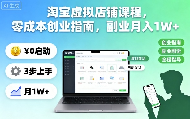 淘宝虚拟店铺课程,零成本创业指南,副业月入1W+-木白网创