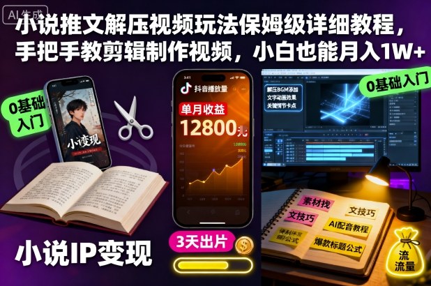 小说推文解压视频玩法保姆级详细教程，手把手教剪辑制作视频，小白也能月入1W+-木白网创