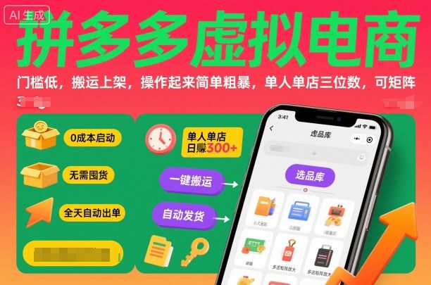 拼多多虚拟电商，门槛低，搬运上架，操作起来简单粗暴，单人单店三位数，可矩阵-木白网创