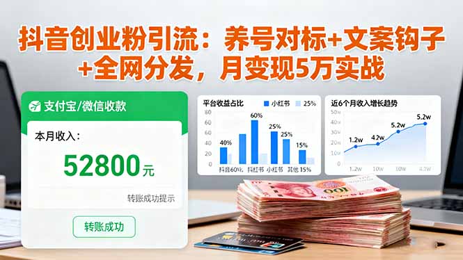 抖音创业粉引流:养号对标+文案钩子+全网分发,月变现5万实战-木白网创