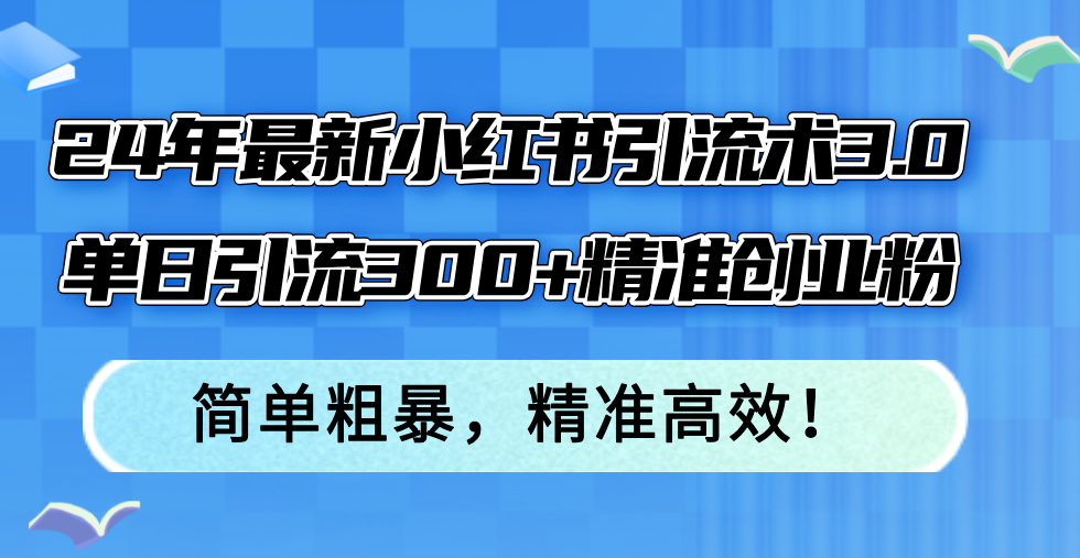 24年最新小红书引流术3.0，单日引流300+精准创业粉，简单粗暴，精准高效！-木白网创