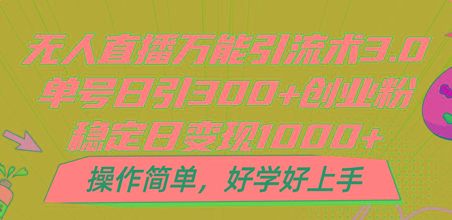 无人直播万能引流术3.0，单号日引300+创业粉，稳定日变现1000+，操作简单-木白网创