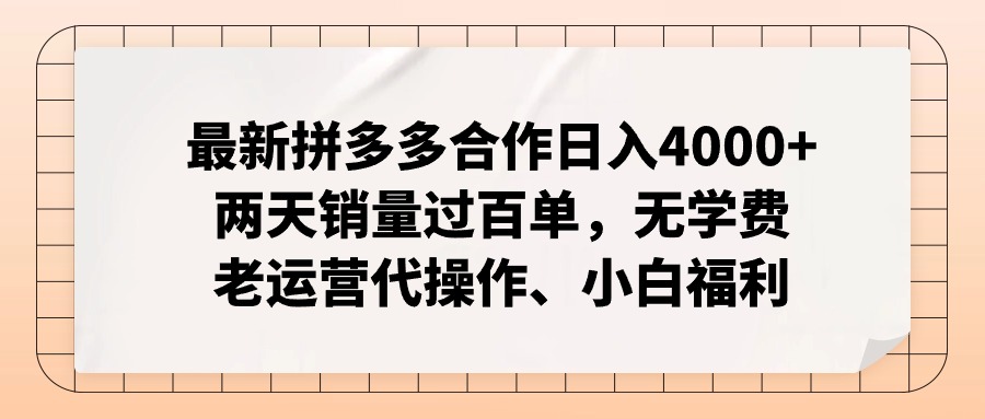 拼多多最新合作日入4000+两天销量过百单，无学费、老运营代操作、小白福利-木白网创