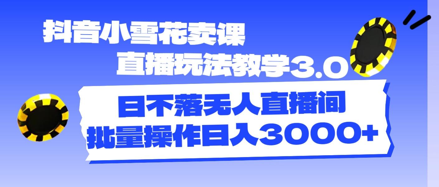 抖音小雪花卖课直播玩法教学3.0，日不落无人直播间，批量操作日入3000+-木白网创