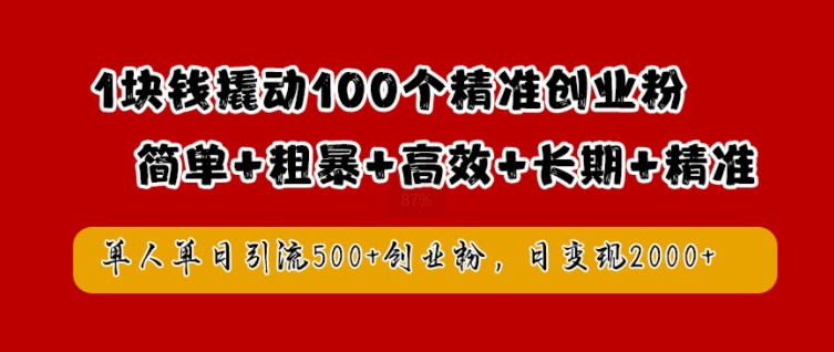 1块钱撬动100个精准创业粉，简单粗暴高效长期精准，单人单日引流500+创业粉，日变现2k【揭秘】-木白网创
