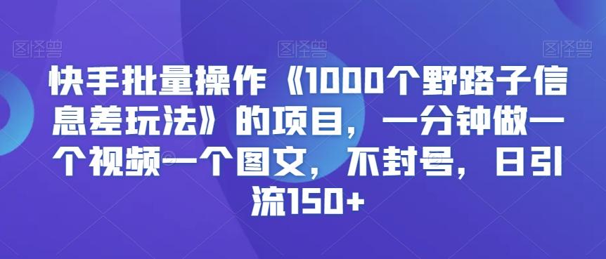 快手批量操作《1000个野路子信息差玩法》的项目，一分钟做一个视频一个图文，不封号，日引流150+【揭秘】-木白网创