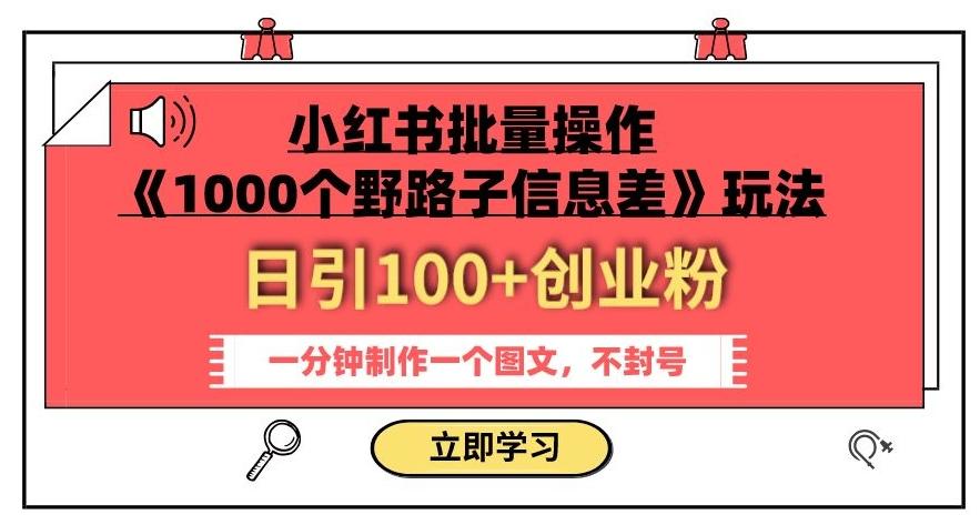 小红书批量操作《1000个野路子信息差》玩法，一分钟制作一个图文，不封号，日引100+创业粉-木白网创