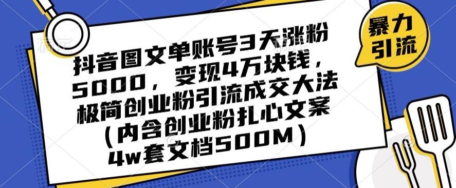 抖音图文单账号3天涨粉5000，变现4万块钱，极简创业粉引流成交大法-木白网创