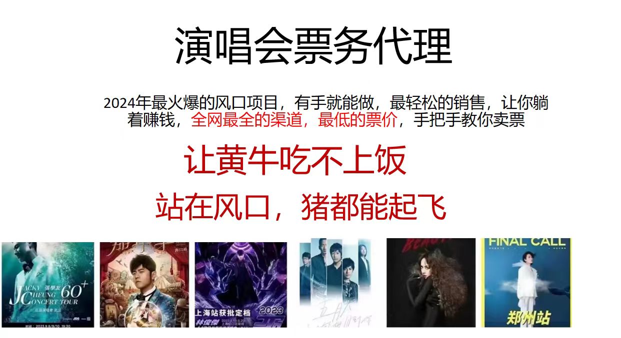 演唱会票务代理，2024年最火爆风口项目，全网最低的票价，小白一分钟上手日入2000+-木白网创