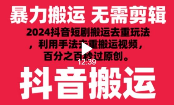 2024最新抖音搬运技术，抖音短剧视频去重，手法搬运，利用工具去重，达到秒过原创的效果【揭秘】-木白网创