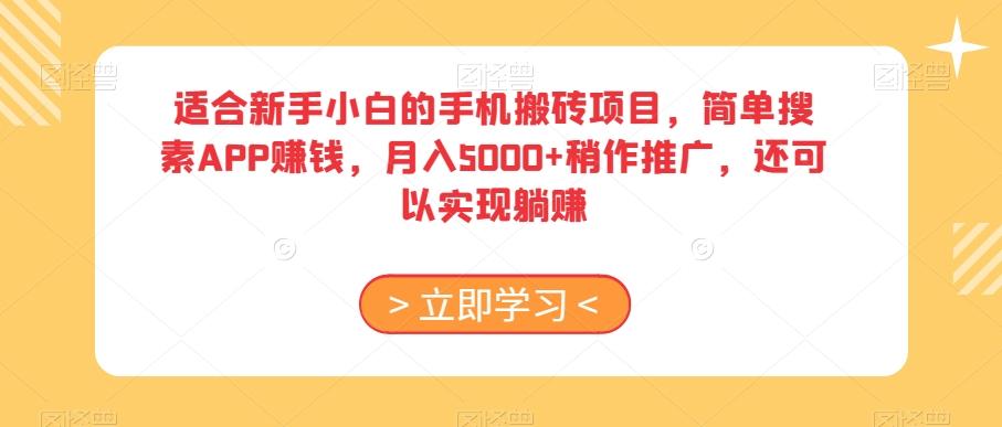 适合新手小白的手机搬砖项目，简单搜素APP赚钱，月入5000+稍作推广，还可以实现躺赚【揭秘】-木白网创