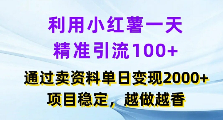 利用小红书一天精准引流100+，通过卖项目单日变现2k+，项目稳定，越做越香【揭秘】-木白网创