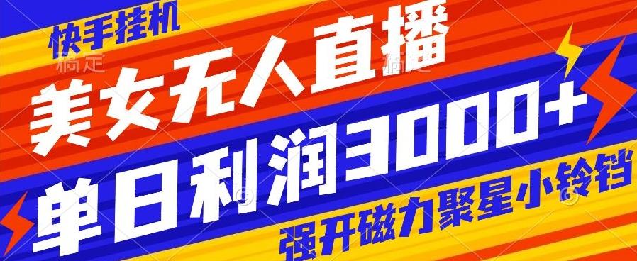 快手挂机，美女无人直播，强开磁力聚星小铃铛，日入3000+-木白网创