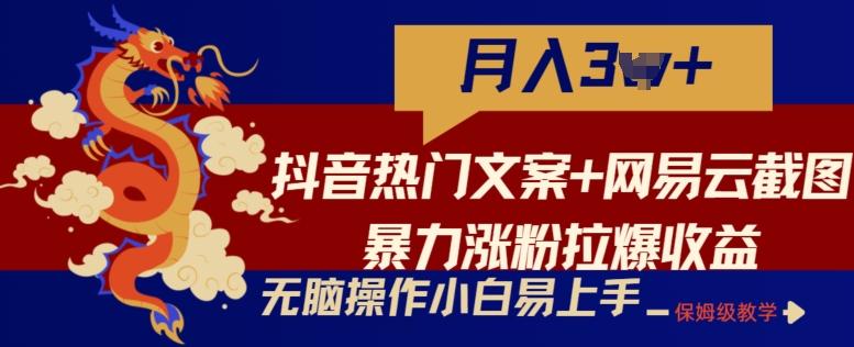 抖音热门文案+网易云截图暴力涨粉拉爆收益玩法，小白无脑操作，简单易上手【揭秘】-木白网创