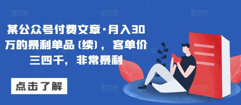 某公众号付费文章·月入30万的暴利单品(续)，客单价三四千，非常暴利-木白网创