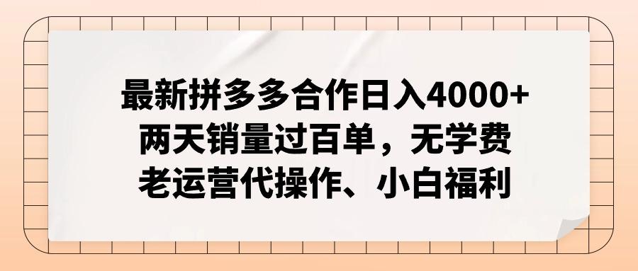 最新拼多多合作日入4000+两天销量过百单，无学费、老运营代操作、小白福利-木白网创