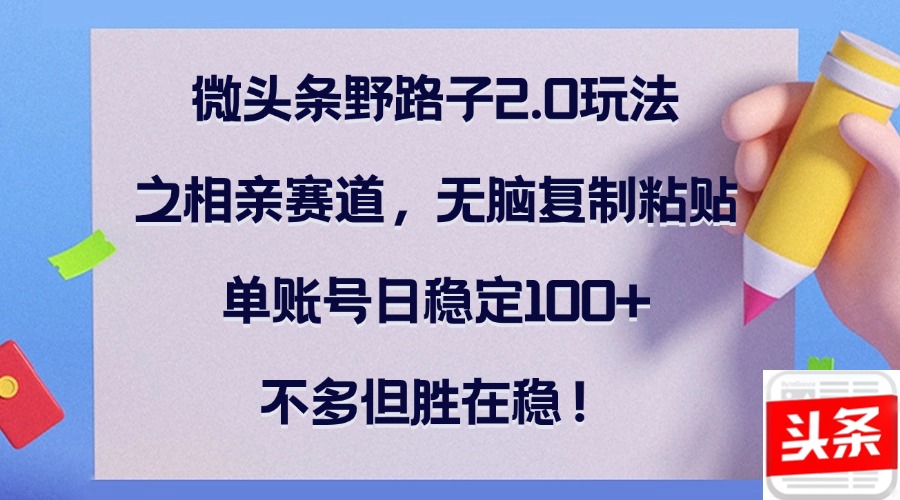 微头条野路子2.0玩法之相亲赛道，无脑复制粘贴，单账号日稳定100+，不…-木白网创